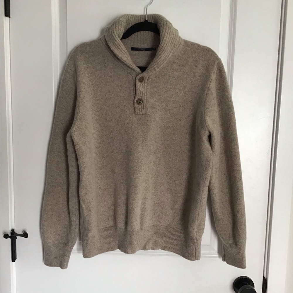 J. Crew 100% Lambswool Sweater Sz M Shawl Collar Light Brown Dad Academia Preppy